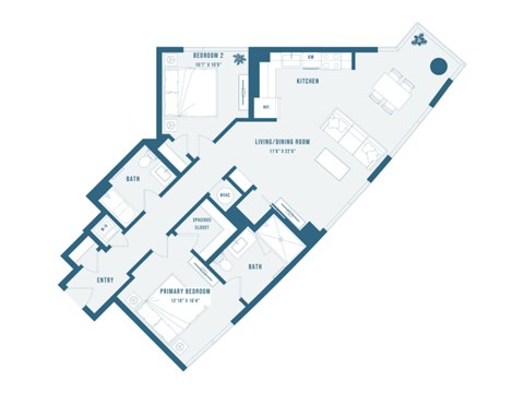 A blueprint of a house layout with a living room, kitchen, and two bedrooms.